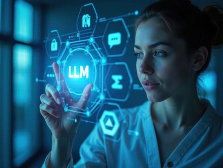 A woman with her hair tied back in a bun is shown interacting with a futuristic digital interface. Her right hand is raised, with her index finger touching a glowing blue circle that the......の素材