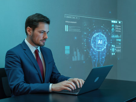 A man in a blue suit and red tie sits at a desk working on a laptop with a futuristic AI interface projected in front of him. The interface a brain with AI in the center surrounded by various.........の素材