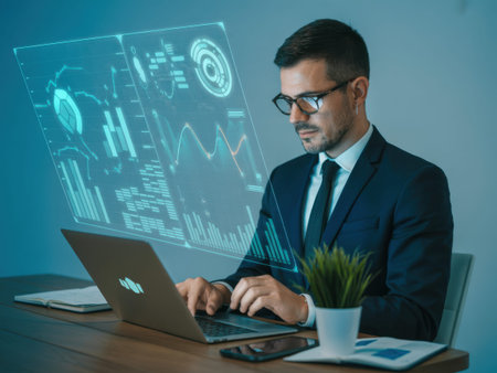 A man in a blue suit and tie sits at a wooden desk working on a laptop with a virtual projection of graphs and charts floating above the screen. A small potted plant, notebook, and phone are......の素材