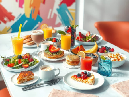A breakfast table with a variety of food and drinks, including pancakes, fruit salad, orange juice, and coffee, set against a colorful wall and a white marble table with orange chairs.の素材
