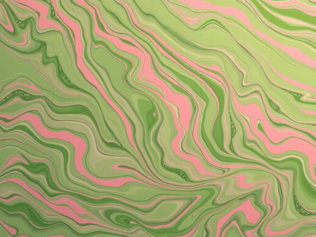 A vibrant and colorful abstract background featuring a swirling marbled pattern in shades of green and pink, with smooth wavy lines and fluid textures creating a psychedelic green, pink,.....の素材