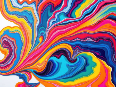 A vibrant and colorful abstract pattern featuring swirling wavy lines in shades of blue, pink, orange, yellow, and purple on a white background, resembling a fluid or liquid motion.の素材
