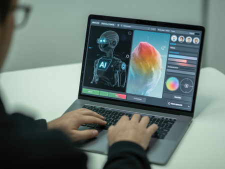 A person sits at a white table, typing on a laptop with a black screen displaying a robotic figure labeled AI on the left and a 3D human head model on the right. The screen various buttons and........の素材