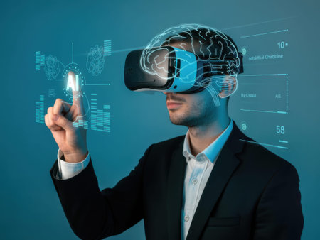 A man in a business suit and white shirt wears a black and blue virtual reality headset. His right hand is raised with index finger extended, interacting with a glowing interface Brain and.........の素材