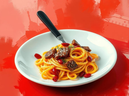 A white plate of pasta with yellow noodles, chunks of brown meat, pomegranate seeds, and green herbs sits on a glossy red table with a black-handled knife inserted into the dish. pasta,......の素材