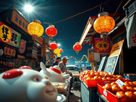A vibrant nighttime scene of an asian market street with colorful lanterns hanging above, a fruit stand with oranges, and pig statues on display. The street is lined with market stalls, signs.........の素材