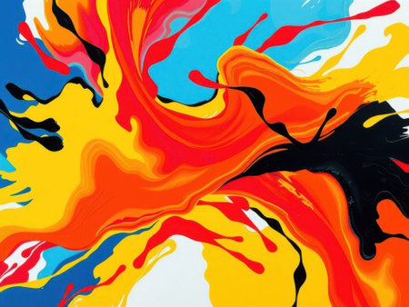 A vibrant and dynamic abstract featuring swirling splashes of yellow, orange, red, blue, and black paint. The colors blend and merge in a fluid, expressionist style, creating a sense of......の素材