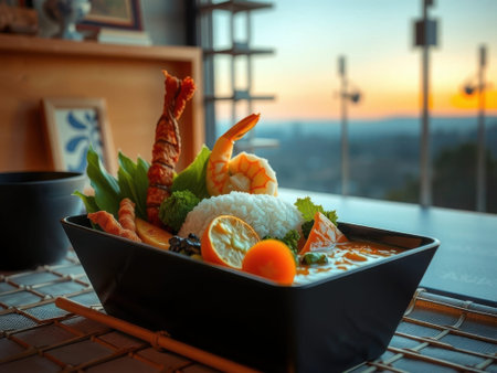 A black rectangular bowl filled with a variety of food including shrimp, white rice, broccoli, and orange slices sits on a metal grate table with chopsticks placed beside it. The background a.........の素材