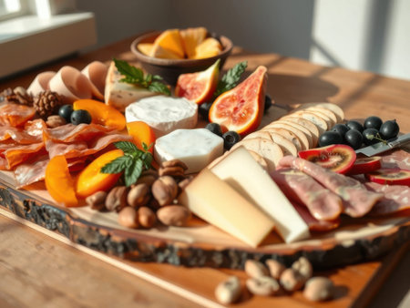 A wooden platter with a bark edge holds an assortment of food including sliced cheeses, cured meats, fruit, nuts, and greens. The platter sits on a wooden table in daylight with a window......の素材