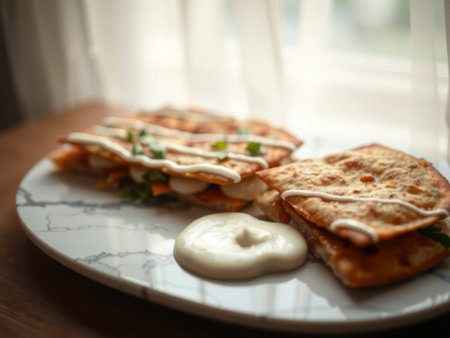 A plate with two quesadillas and a dollop of white sauce on a marble plate sits on a wooden table in front of a window with a blurry background. The quesadillas are garnished with herbs and a.........の素材