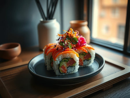 A plate with two sushi rolls sits on a wooden tray by a window. The sushi rolls are topped with orange fish, microgreens, and a pink flower. The plate is gray and the tray is wooden. In the.........の素材