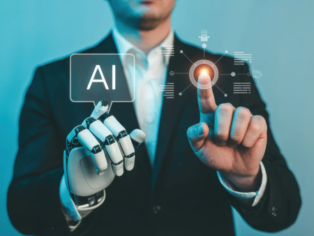 A man in a black suit and white shirt interacts with a futuristic AI interface. His right hand is human, with the index finger touching a glowing button, while his left hand is a robotic.........の素材