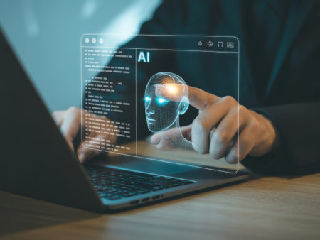 A person wearing a dark shirt sits at a wooden desk, interacting with a laptop. Their hands are on the keyboard and their index finger touches a transparent screen overlay displaying an AI.........の素材