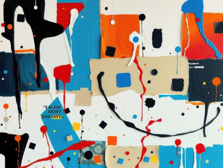 A vibrant abstract painting featuring a mix of colorful splatters, torn paper, and textured on a predominantly white background with splashes of red, blue, orange, black, and beige.の素材