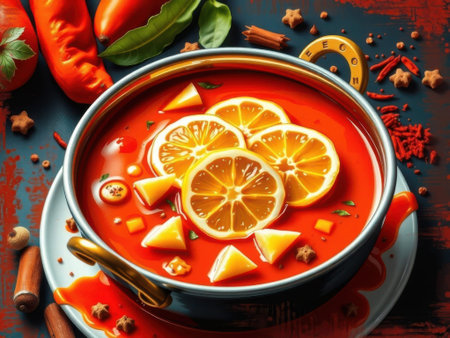 A silver bowl filled with a vibrant red soup, topped with sliced oranges and various spices, sits on a matching plate with a spoon. The bowl is surrounded by scattered spices, chili peppers,......の素材