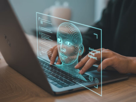 A person wearing a black shirt sits at a wooden table, typing on a laptop with their hands. A transparent screen overlay a wireframe face with glowing blue lines and text, indicating a facial.........の素材