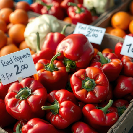 A close-up view of a cardboard box filled with bright red bell peppers, with two white price tags reading "Red Peppers 3 for 2.00" and another partially visible tag. The peppers glossy skin......の素材
