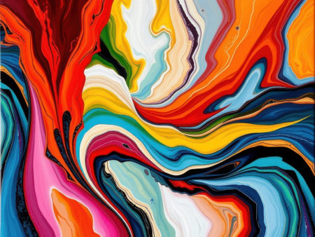 a vibrant abstract fluid piece with swirling patterns of paint in a variety of colors, including orange, red, blue, yellow, green, pink, and white. The colors blend and merge in wavy lines,.........の素材
