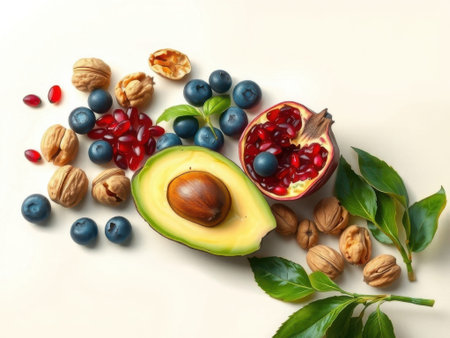 A halved avocado with pit, pomegranate cut open with seeds and blueberries inside, surrounded by scattered blueberries, walnuts, and green leaves on a beige background. avocado,......の素材
