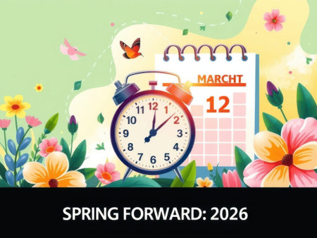 A colorful depicting a spring forward daylight saving time concept featuring an alarm clock set to spring forward time surrounded by blooming flowers butterflies and a calendar on a green.........の素材