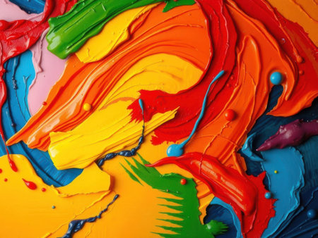 A close-up view of a canvas with colorful paint smears and swirls in shades of red, orange, yellow, green, and blue. The paint is thick and textured, with visible brushstrokes and smears. The.........の素材