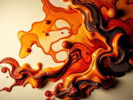 A vibrant and dynamic abstract featuring a splatter of orange, black, and red liquid on a beige background, with several metallic balls scattered throughout the liquid, creating a textured and........の素材
