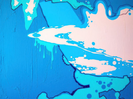 A vibrant abstract featuring blue and pink paint splatters and drips on a textured surface, with bold brushstrokes and expressive marks creating a dynamic composition. abstract, blue,......の素材