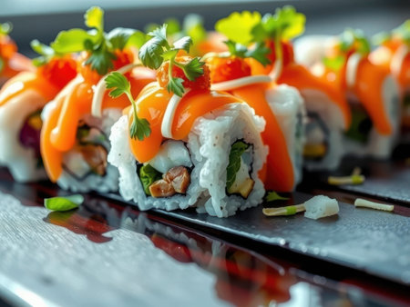 A close-up view of sushi rolls on a black plate, topped with orange sauce, herbs, and garnishes. The sushi rolls are white with green and brown fillings, and are placed on a shiny black plate.........の素材