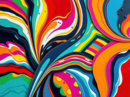 a vibrant and dynamic abstract characterized by swirling patterns and shapes in a wide range of colors, including pink, orange, blue, green, yellow, red, white, and black. The showcases wavy.........の素材