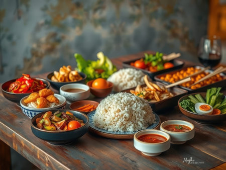 A wooden table holds a variety of dishes, including bowls of rice, vegetables, and sauces. A glass of wine is visible in the background. The wall behind the table has a textured, blurry.........の素材