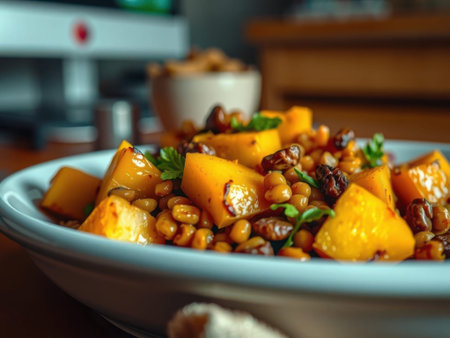 A close-up shot of a white bowl filled with a salad made of roasted butternut squash, lentils, raisins, and herbs. The bowl sits on a wooden table with a blurred kitchen background featuring a........の素材