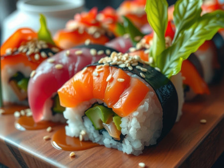 A close-up view of sushi rolls on a wooden plate, topped with salmon, tuna, sesame seeds, and basil leaves. The sushi is drizzled with soy sauce and scattered with sesame seeds. The rolls are.........の素材