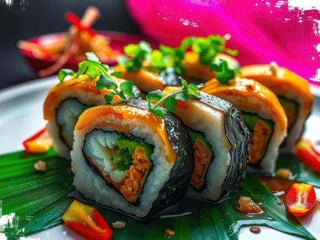 A close-up view of sushi rolls on a green leaf, topped with microgreens and surrounded by chili slices on a white plate. The sushi has orange topping and is placed on a green leaf with a few.........の素材