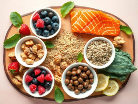 A wooden platter with a dark brown edge holds five small white bowls filled with various foods including mixed berries, walnuts, brown nuts, and sunflower seeds. A salmon fillet, leafy greens,........の素材