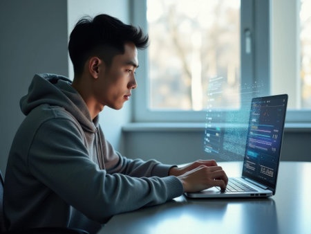 A young man with short black hair and a gray hoodie sits at a desk in front of a laptop with a digital interface on the screen. He is typing on the keyboard with both hands. The laptop screen.........の素材