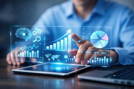 A businessman in a blue shirt sits at a desk with a tablet and laptop, interacting with a digital interface displaying various graphs, charts, and statistics. The interface includes a brain,.........の素材