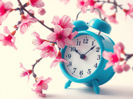 A blue alarm clock with a white face and black numbers is surrounded by pink cherry blossoms on a white background. The clock has a silver handle and stands on three small legs. The blossoms.........の素材