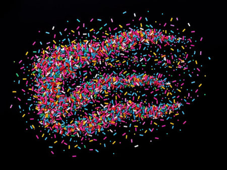 A pile of colorful sprinkles in shades of pink, blue, yellow, green, white, and red are scattered on a solid black background to form the number 42. The sprinkles vary in shape and size, with.........の素材