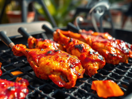 A close-up view of grilled chicken skewers on a barbecue grill. The chicken is glazed with a shiny red-orange sauce and has visible grill marks. The skewers are placed on a black metal grill......の素材