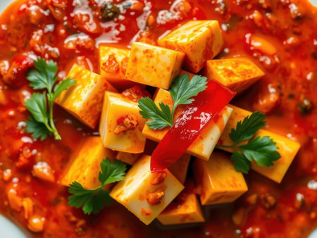 A close-up view of a dish featuring cubes of paneer cheese in a vibrant, spicy tomato sauce, garnished with fresh parsley leaves and a red pepper slice. paneer, cheese, cubes.の素材