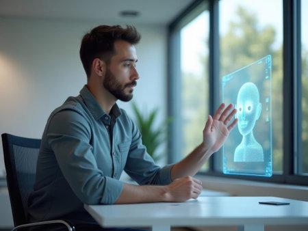 A man with short brown hair and a beard sits at a white desk in an office setting, interacting with a holographic display projecting a human face. He wears a gray button-down shirt and sits in......の素材