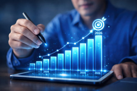 A man in a blue shirt sits at a table, holding a stylus over a tablet displaying a glowing blue business graph with a target and upward trend, indicating growth from 2024 to 2026. man,......の素材