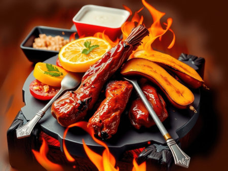 A close-up view of a flaming plate with grilled meat skewers, vegetables, and sauce. The plate is black and has a wavy edge. There are two metal serving utensils on the plate. The meat is......の素材