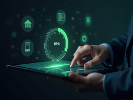 A close-up of a businessman's hands interacting with a tablet displaying a risk assessment gauge with a green interface, surrounded by various against a dark background. risk assessment,.....の素材