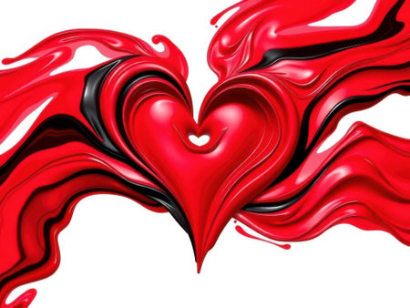 A shiny red heart shape made of liquid-like with black accents swirling around it on a white background. The heart is centered and has a smooth, glossy appearance. The red liquid flows around......の素材