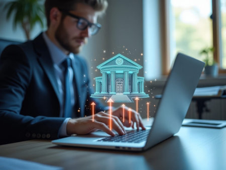 A man in a suit sits at a desk working on a laptop with a of a bank building and upward arrows superimposed over the man is sitting in front of a window with a plant in the background. The has......の素材
