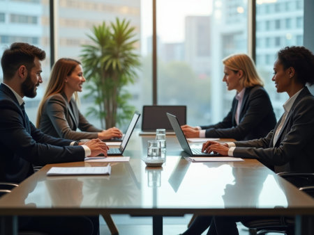 A group of four business professionals sit around a conference table with laptops, engaged in a meeting. They wear formal attire and sit in front of a large window with a city view. A plant......の素材