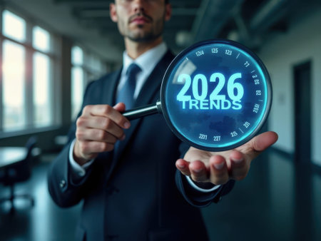 A businessman in a dark suit and blue tie holds a magnifying glass with the text 2026 trends in a modern office setting with windows and a desk in the background businessman, magnifying......の素材