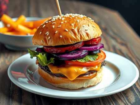 A cheeseburger on a white plate with melted cheese lettuce tomato and onion on a sesame seed bun sits on a wooden table with a bowl of fries in the background cheeseburger, hamburger,......の素材