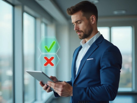 A man in a blue suit holds a tablet while standing in an office with a city view. He looks at the tablet with a focused expression. Two float next to him: a green checkmark and a red cross.......の素材